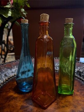 Pier 1 Blue, Amber & Green Glass Bottle Trio with Corks - Each 6 in tall